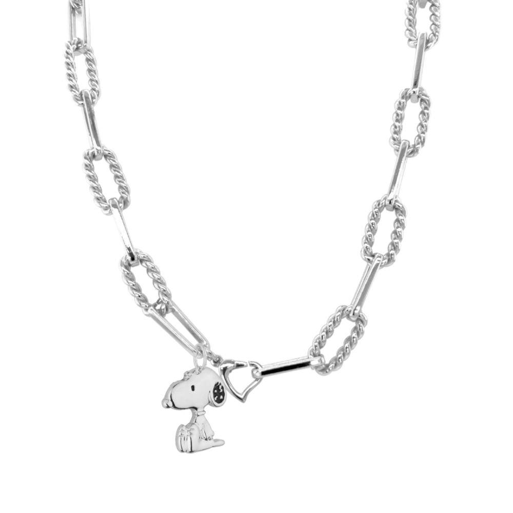 Silver necklace with a Snoopy pendant on a white background
