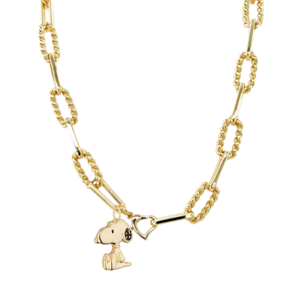 Gold chain necklace with a Snoopy charm on a white background