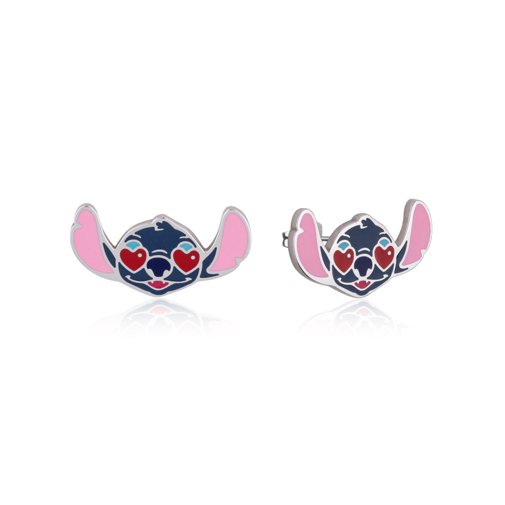 Stainless Steel Disney Stitch Enamel stud earrings with heart eyes on white background by Couture Kingdom