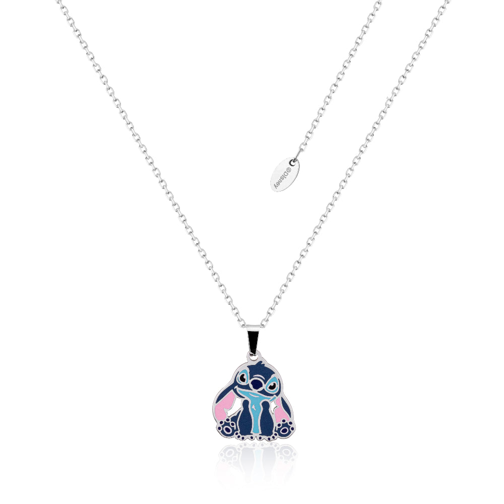 Stainless Steel Necklace with enamel Disney Stitch pendant with big ears in droopy down position, on a white background by Couture Kingdom