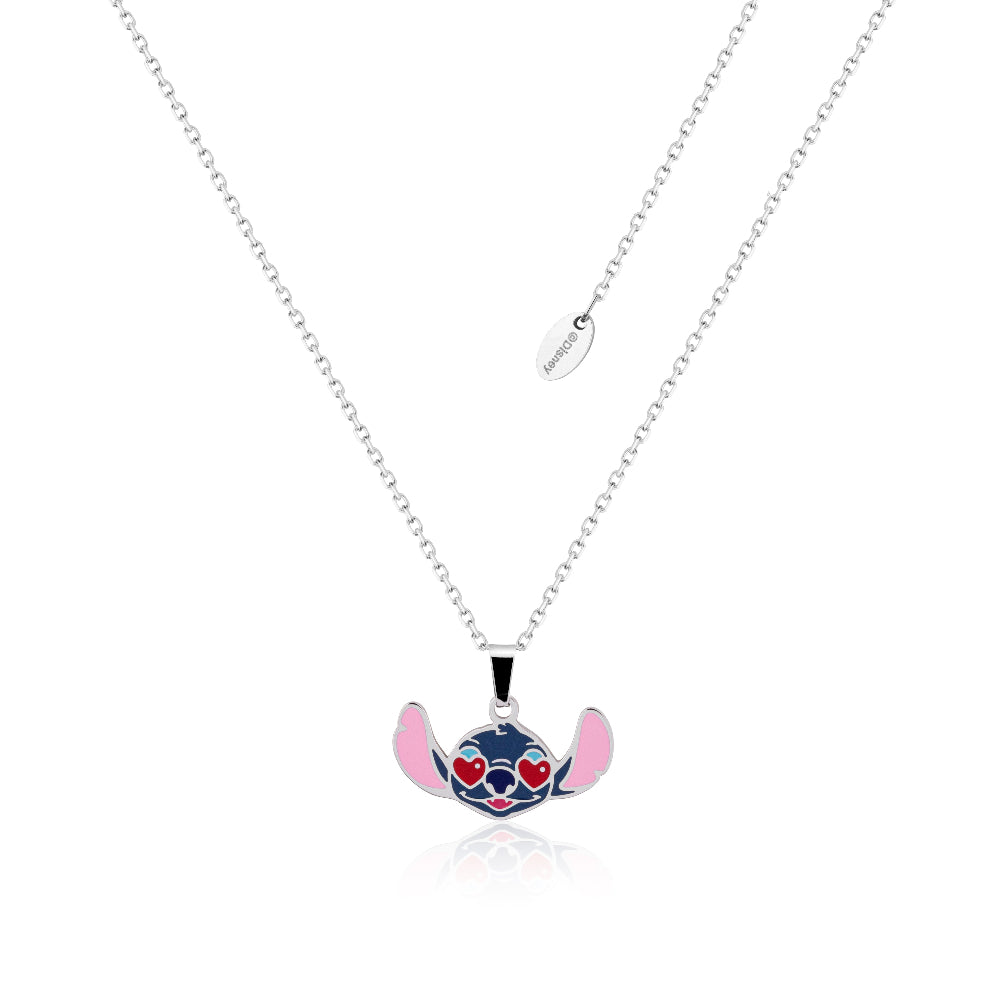 Stainless Steel Necklace with enamel Disney Stitch pendant with big heart eyes, on a white background by Couture Kingdom