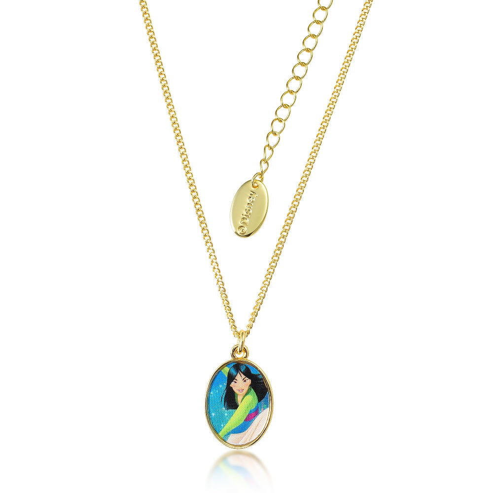 A yellow gold plated necklace featuring a Mulan pendant and a matching gold-plated chain.