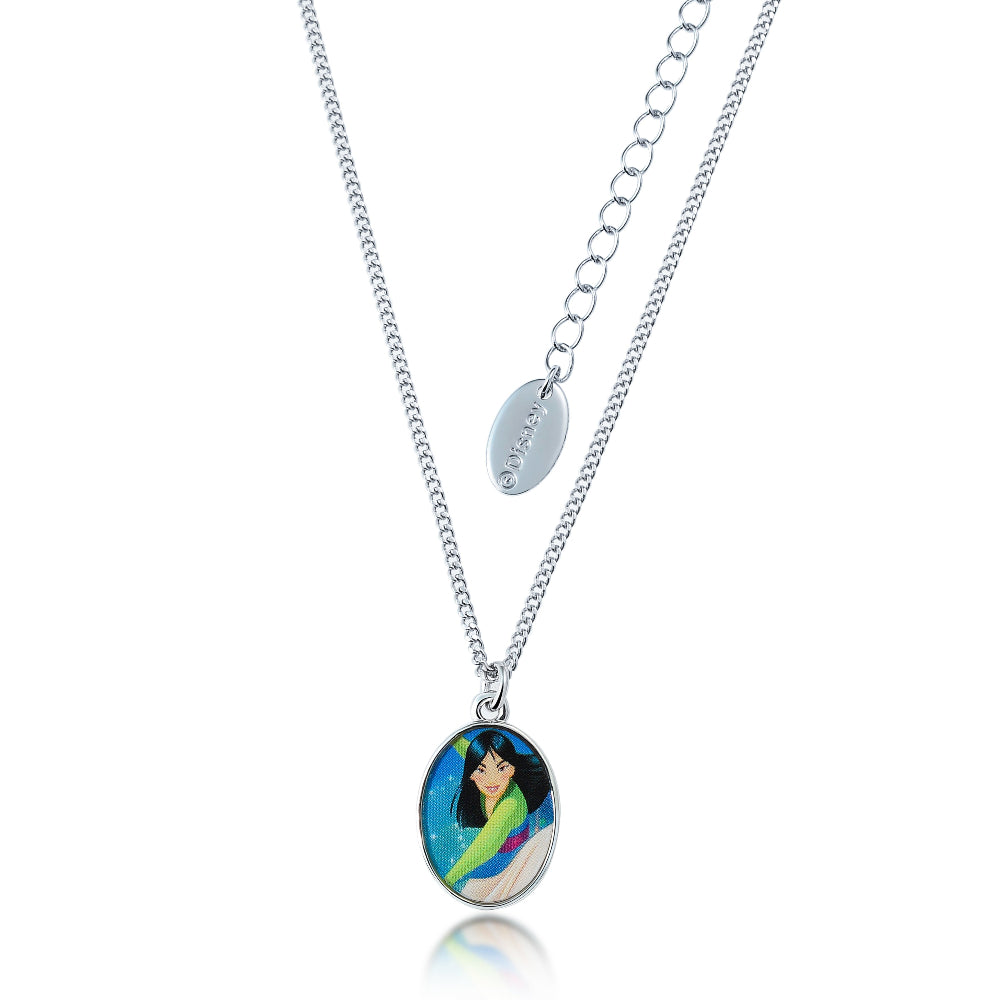 White gold plated pendant featuring Disney Princess Mulan with matching white gold plated chain by couture kingdom