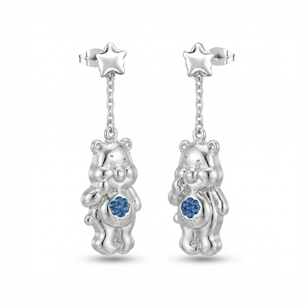 White gold plated Care Bears Grumpy Bear blue Crystal Belly Badge Drop earrings by Couture Kingdom on a white background
