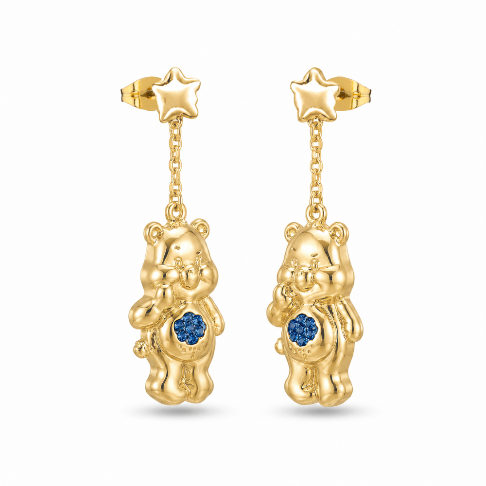 Yellow gold plated Care Bears Grumpy Bear blue Crystal Belly Badge Drop earrings by Couture Kingdom on a white background