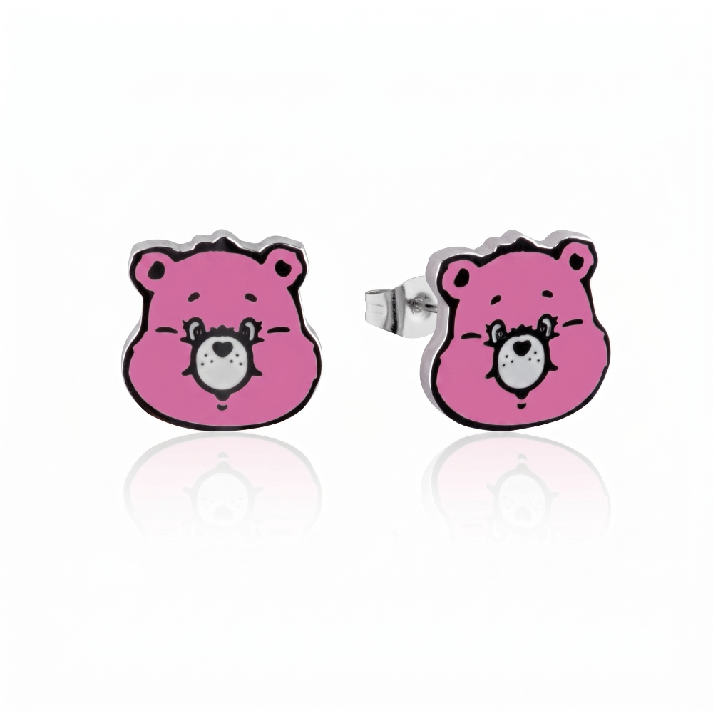 Stainless steel, purple enamel Hopeful Heart bear Care bears head stud earrings on a white background by couture kingdom