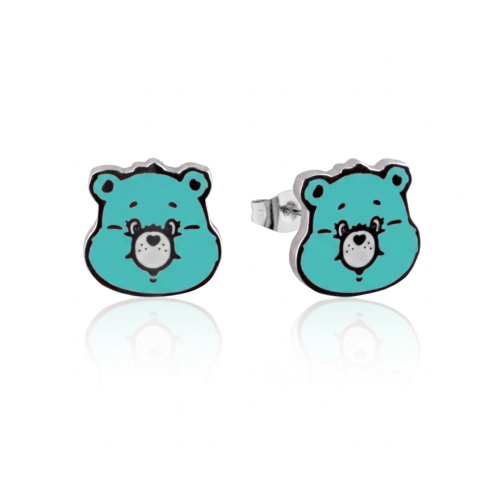 Stainless steel, Turquoise enamel Bedtime bear Care bears head stud earrings on a white background by couture kingdom