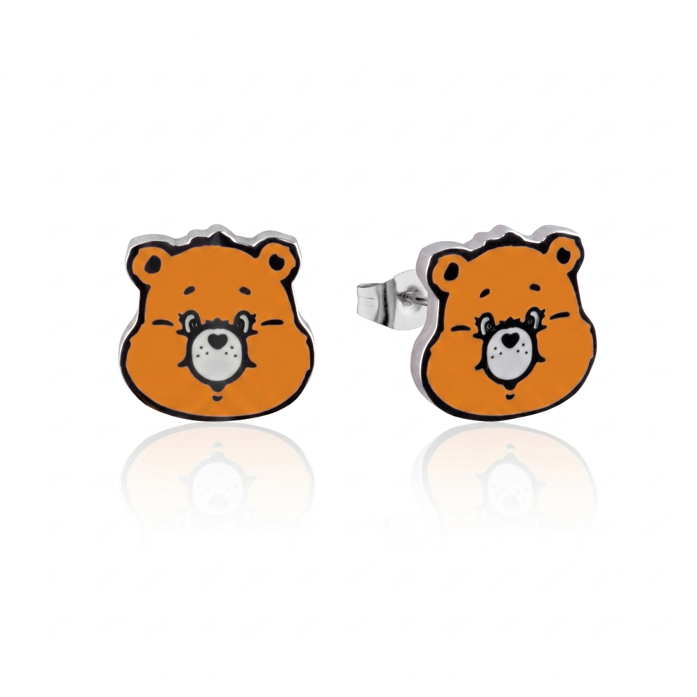 Stainless steel orange enamel care bear stud earrings on a white background by Couture Kingdom