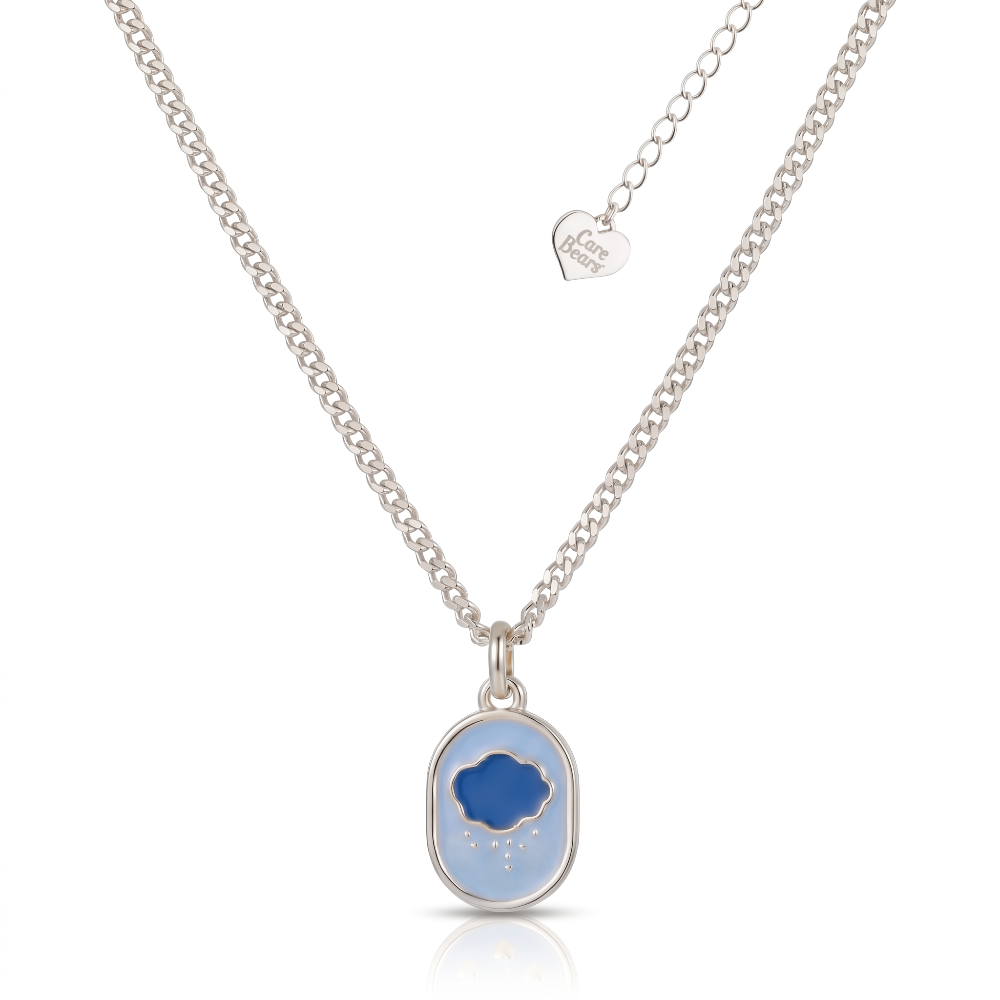 White gold Necklace with a blue enamel Care Beas Grump Bear Belly badge icon pendant featuring a cloud design on a white background by Couture Kingdom
