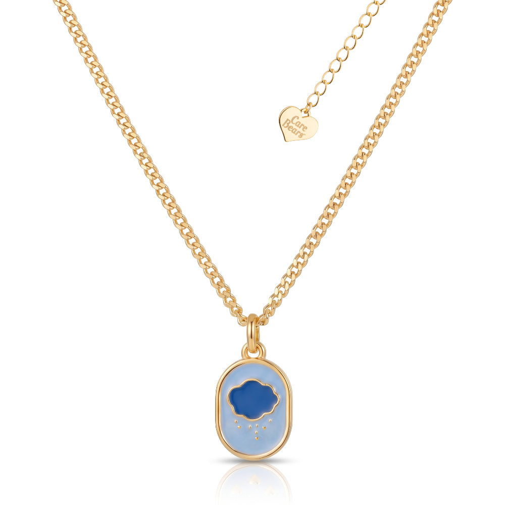 Yellow gold Necklace with a blue enamel Care Beas Grump Bear Belly badge icon pendant featuring a cloud design on a white background by Couture Kingdom