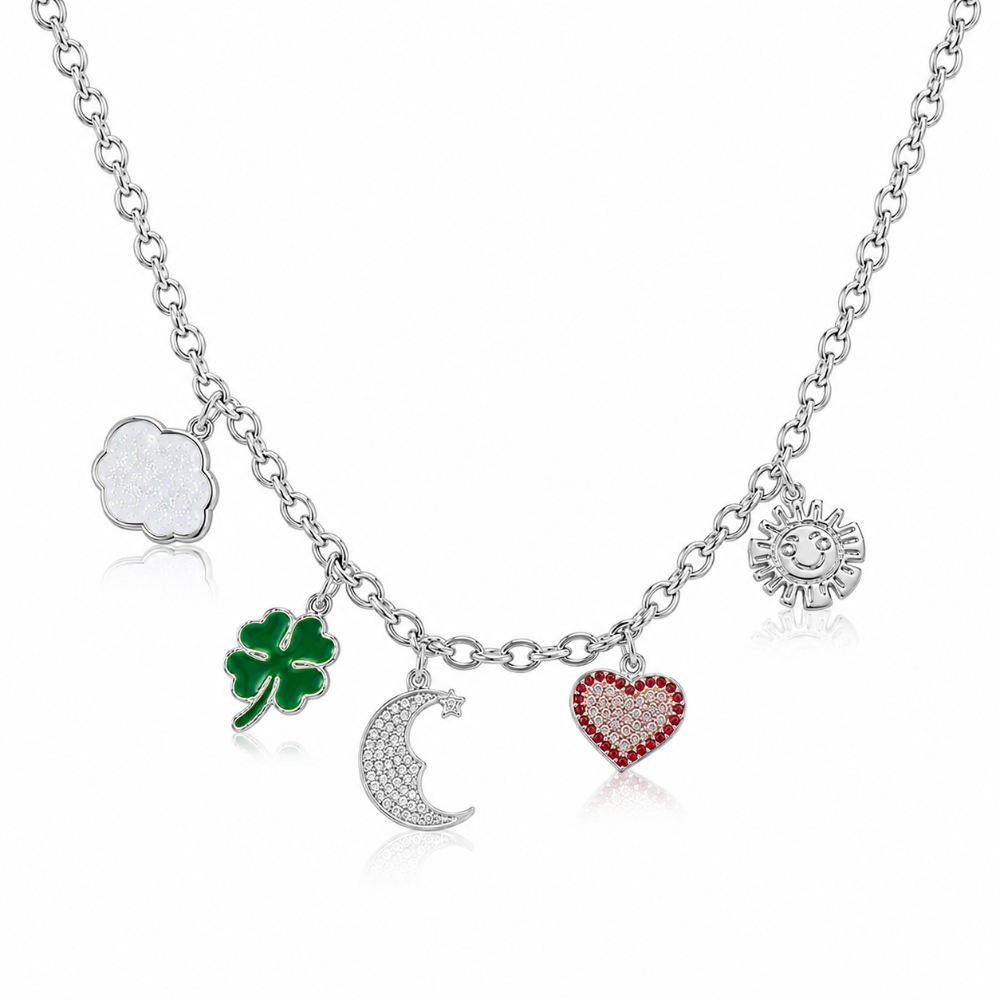 Necklace with various Care Bears Belly Badge charms including a cloud, four-leaf clover, a moon, heart and sun on a white background by Couture Kingdom