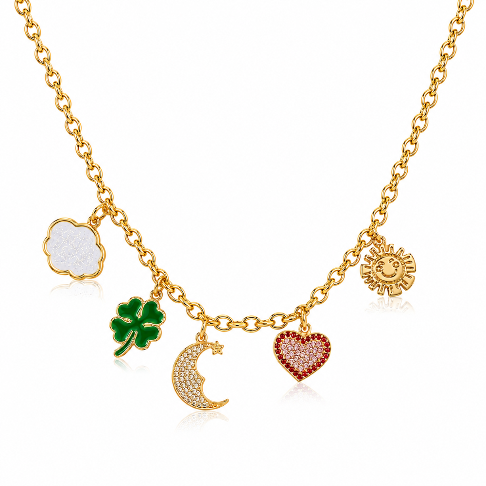 Yellow gold Necklace with various Care Bears Belly Badge charms including a cloud, four-leaf clover, a moon, heart and sun on a white background by Couture Kingdom