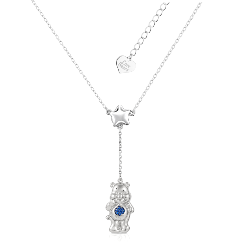 White gold plated Care Bears Grumpy  bear pendant necklace with a star buddie and blue crystal cloud as belly badge by Couture Kingdom on a white background