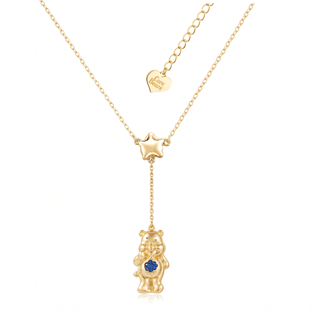 Yellow gold plated Care Bears Grumpy  bear pendant necklace with a star buddie and blue crystal cloud as belly badge by Couture Kingdom on a white background