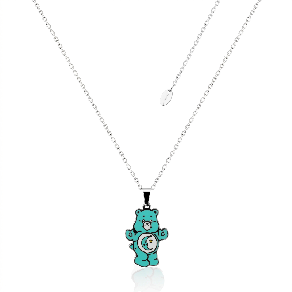 Stainless steel teal enamel Bedtime Bear care bear necklace on a white background by Couture Kingdom