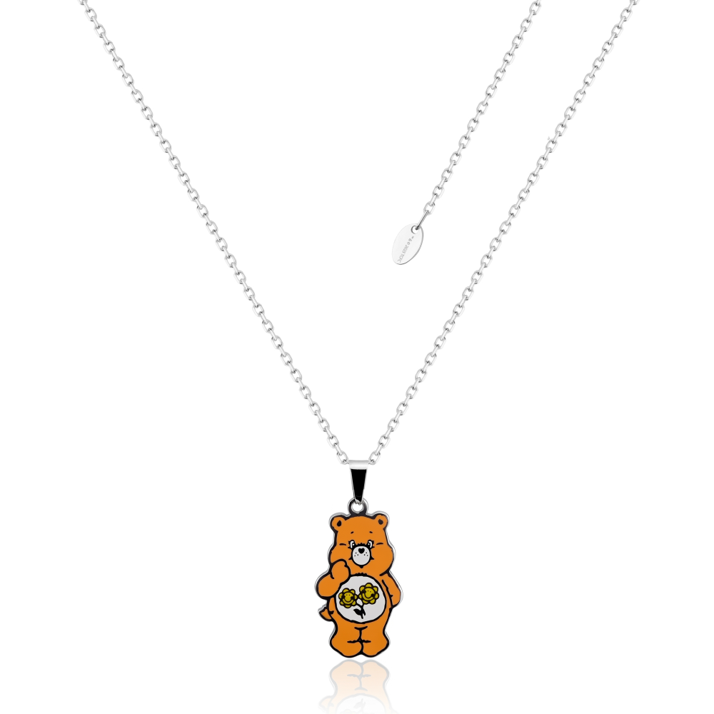 Stainless steel orange enamel Friend Bear care bear necklace on a white background by Couture Kingdom