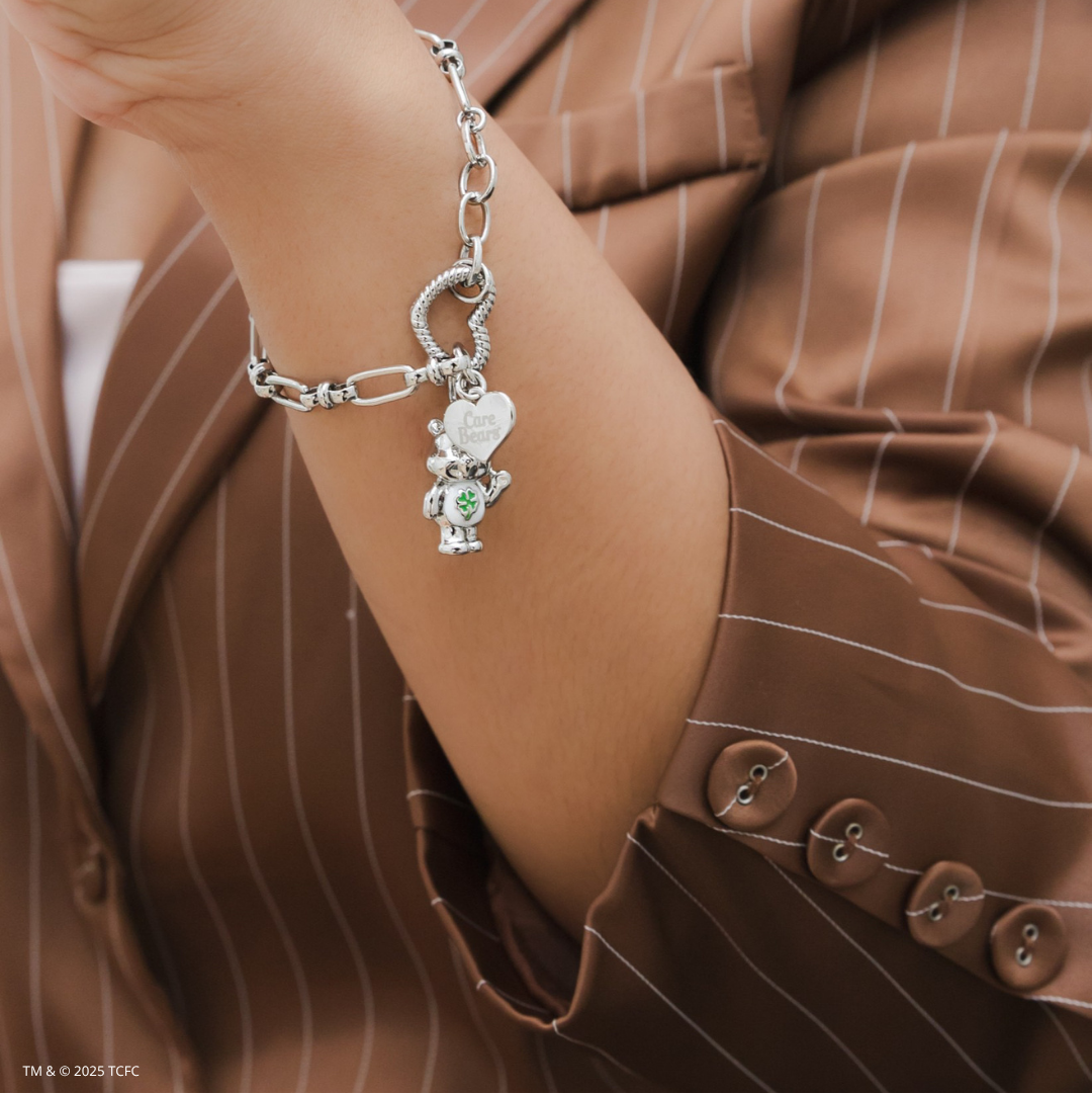 Care-Bears-Charm-Bracelet-White-Gold-Licensed-Jewellery-Couture-Kingdom-on-model-Goodluck-Bear
