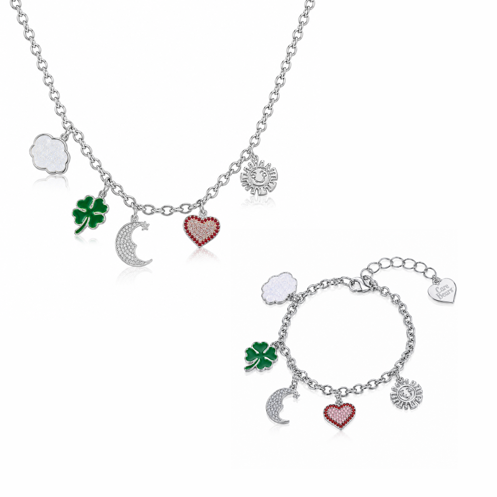 Silver necklace and bracelet set with Care Bears Belly Badge charms on a white background by Couture Kingdom