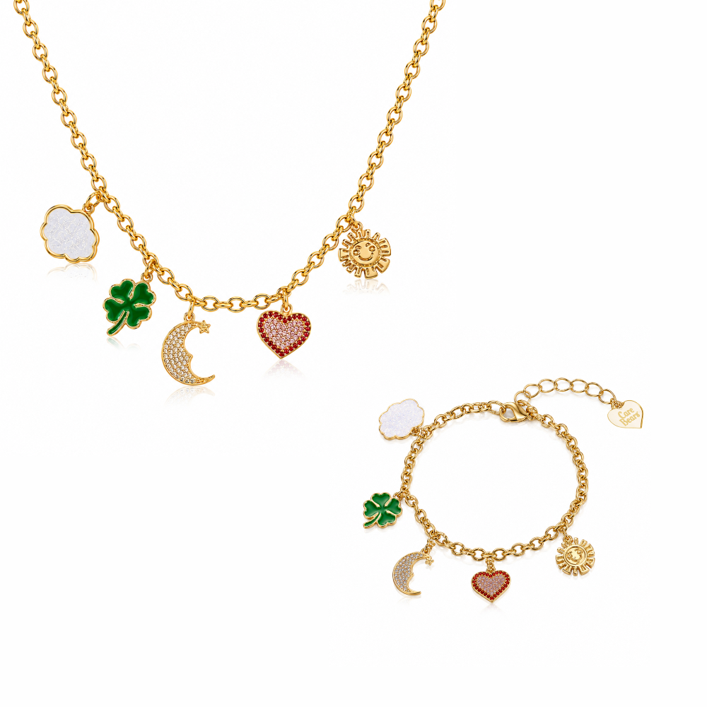 Yellow gold plated necklace and bracelet set with Care Bears Belly Badge charms on a white background by Couture Kingdom