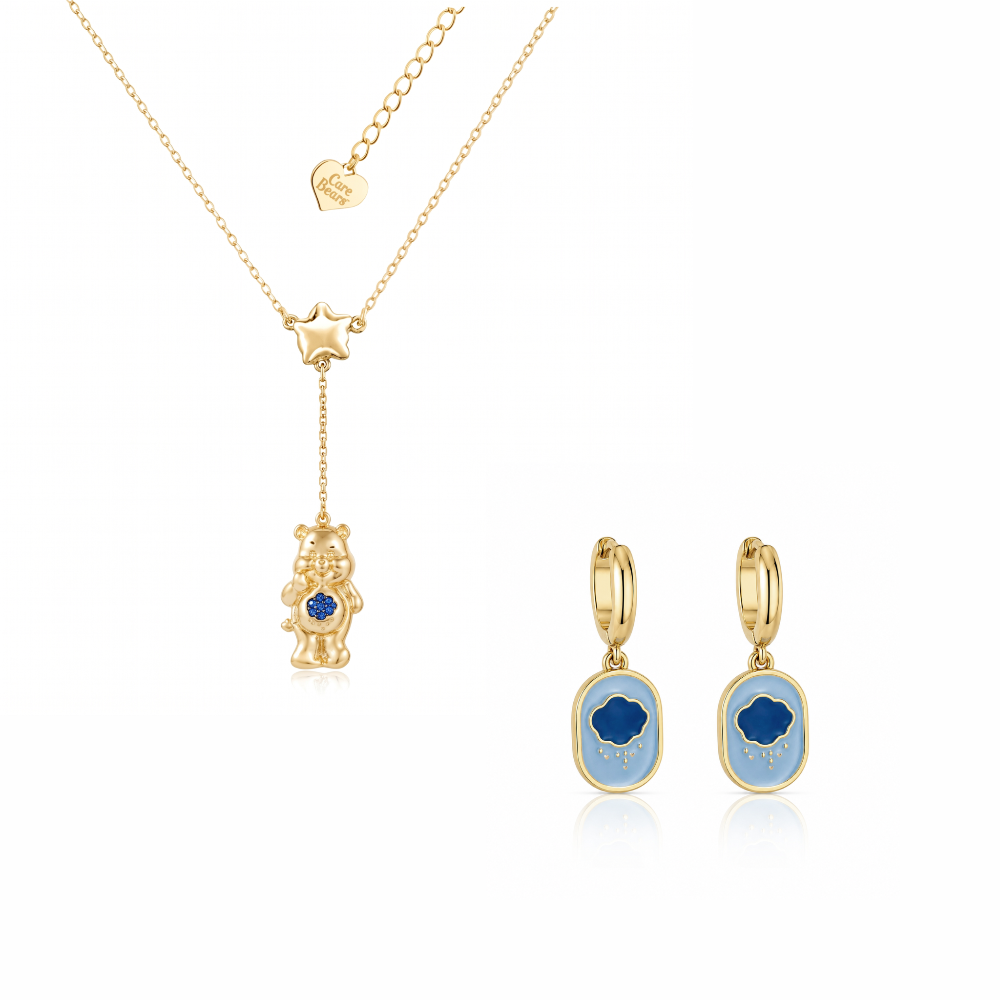 Yellow Gold plated Grumpy Bear Care Bears necklace and enamel mini hoop earrings set on a white background by Couture Kingdom
