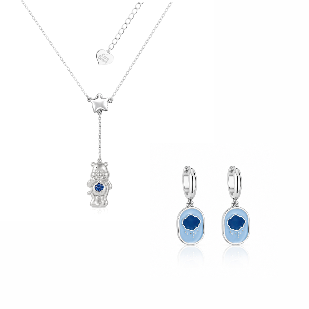 White Gold plated Grumpy Bear Care Bears necklace and enamel mini hoop earrings set on a white background by Couture Kingdom