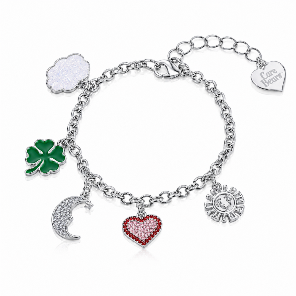 Bracelet  with various Care Bears Belly Badge charms including a cloud, four-leaf clover, a moon, heart and sun on a white background by Couture Kingdom