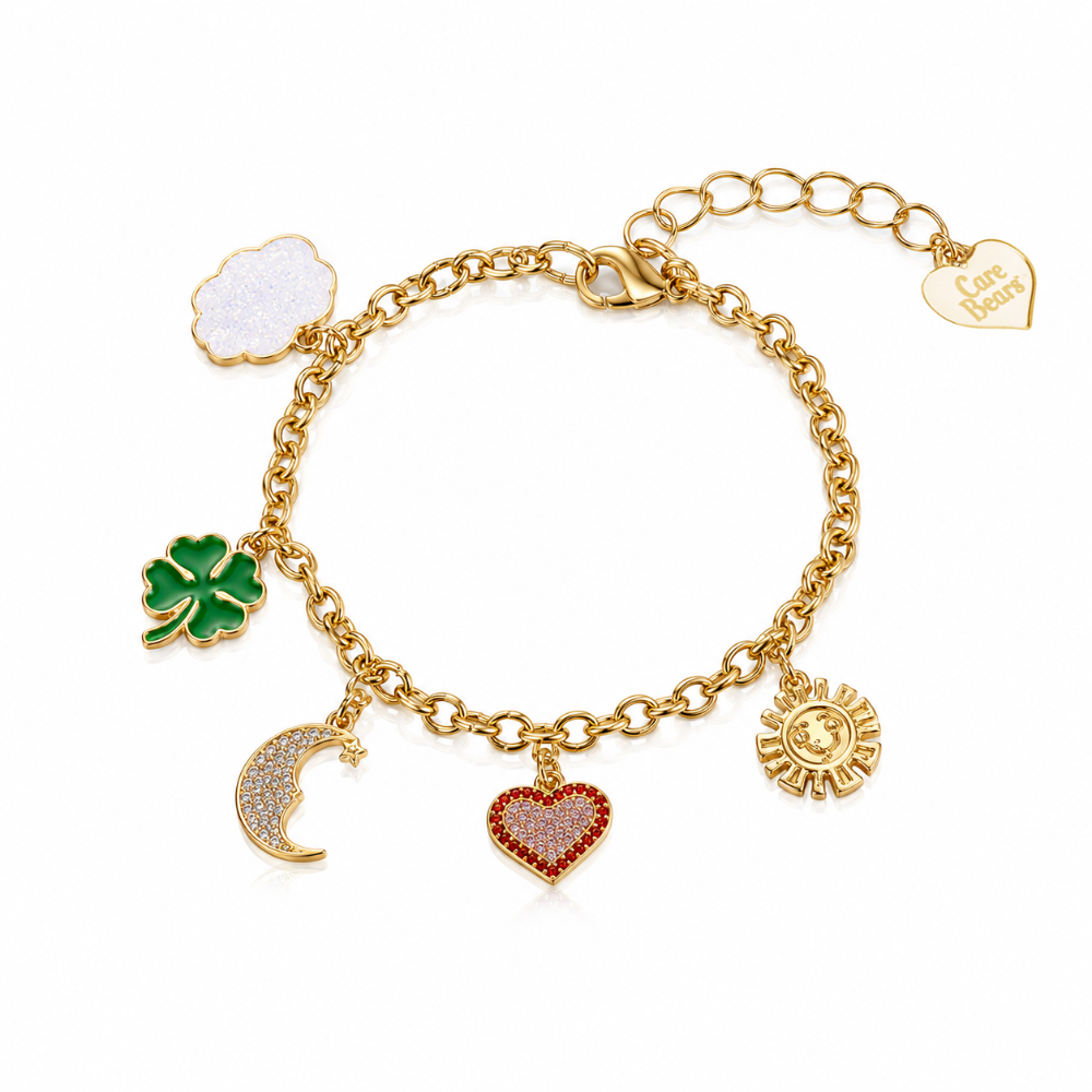 Yellow gold Bracelet  with various Care Bears Belly Badge charms including a cloud, four-leaf clover, a moon, heart and sun on a white background by Couture Kingdom
