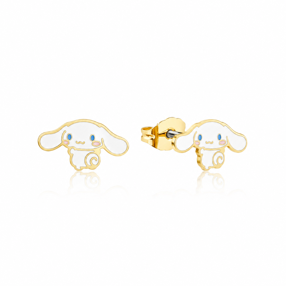 yellow gold plated stainless steel sanrio Cinnamoroll stud earrings with enamel by Couture Kingdom on a white background