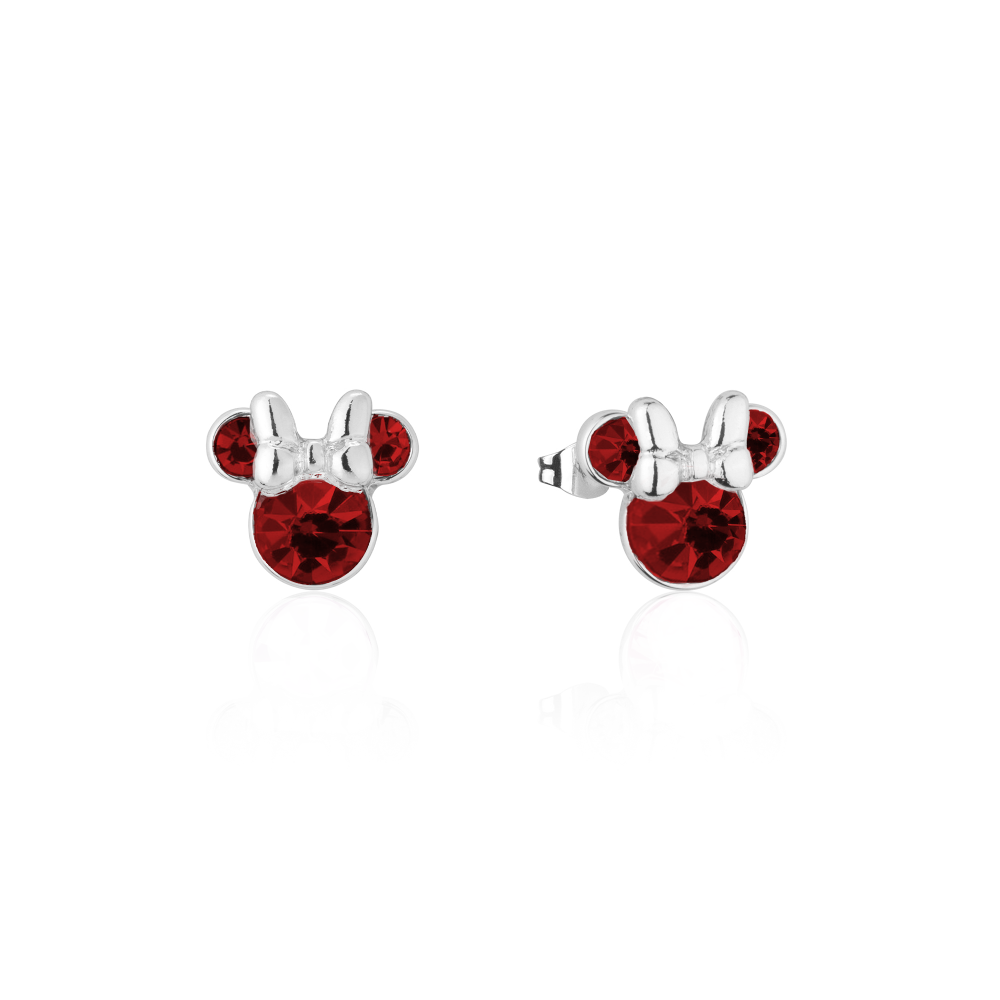 white Gold Minnie Mouse Jan Birthstone red crystal stud earrings on a white background by Couture Kingdom