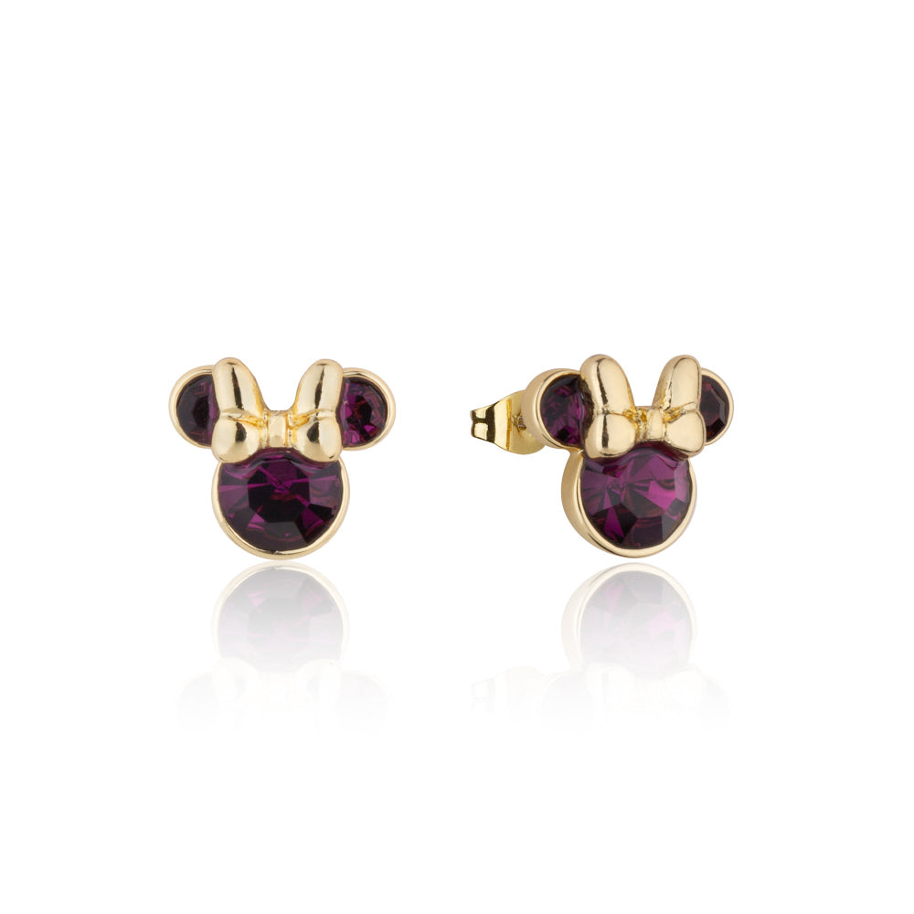 Gold Minnie Mouse February Birthstone purple crystal stud earrings on a white background by Couture Kingdom