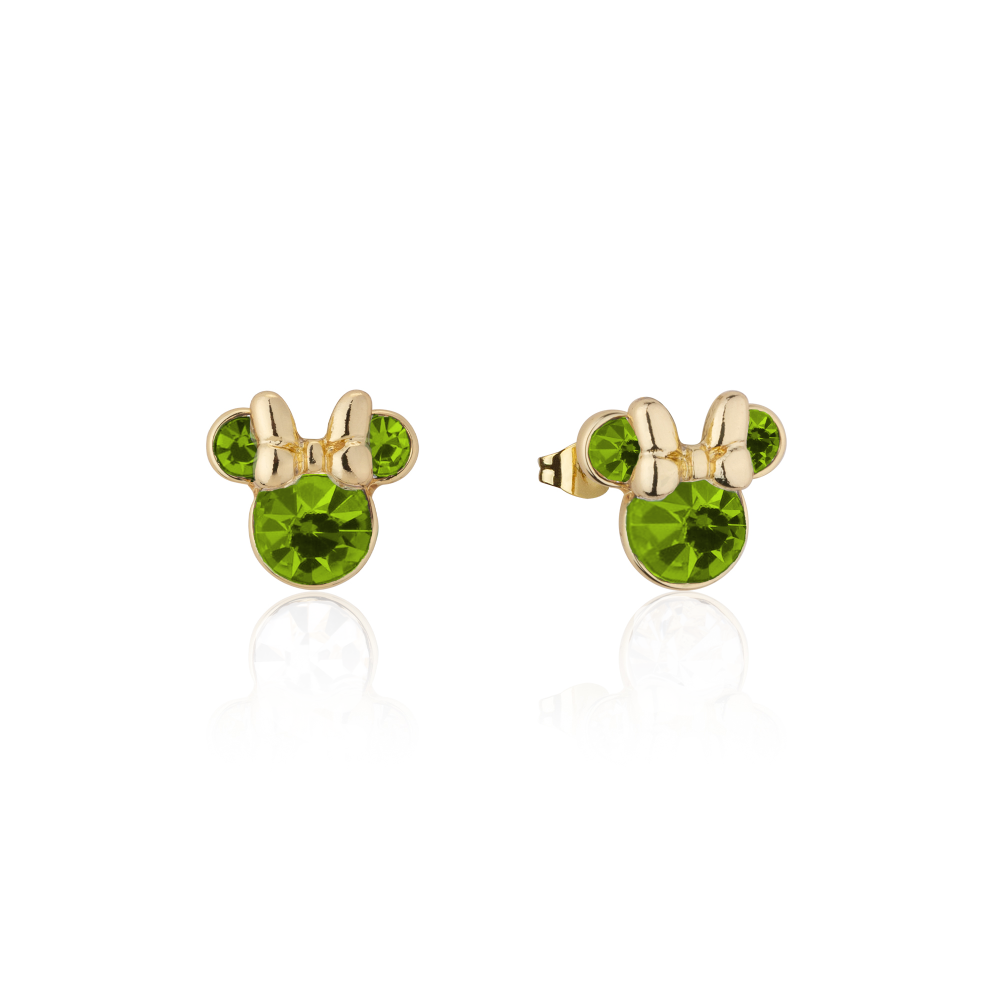 Yellow gold Minnie Mouse August Birthstone Stud Earrings with pale green crystals on a white background by Couture Kingdom
