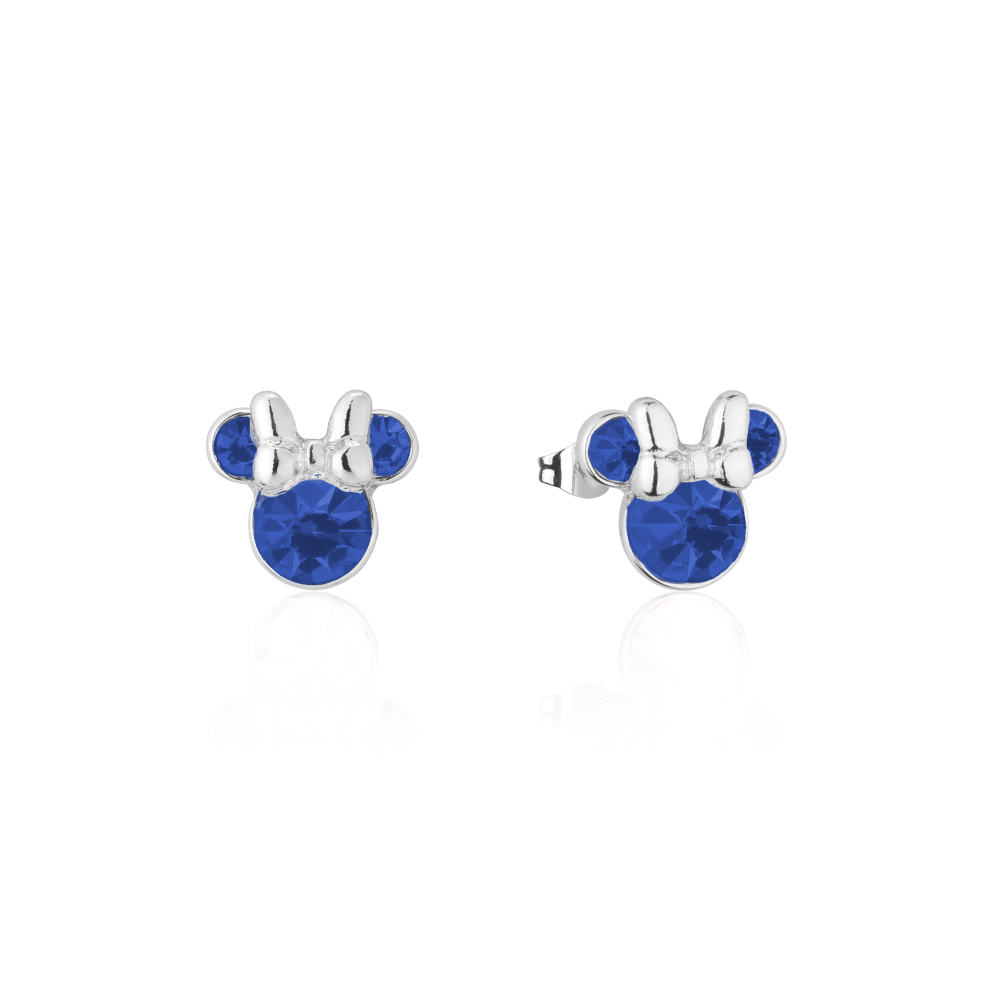 White Yellow gold Minnie Mouse September Birthstone Stud Earrings with blue crystals on a white background by Couture Kingdom
