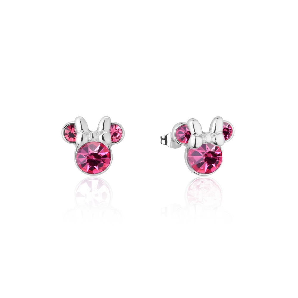 White gold Minnie Mouse October Birthstone Stud Earrings with pink crystals on a white background by Couture Kingdom