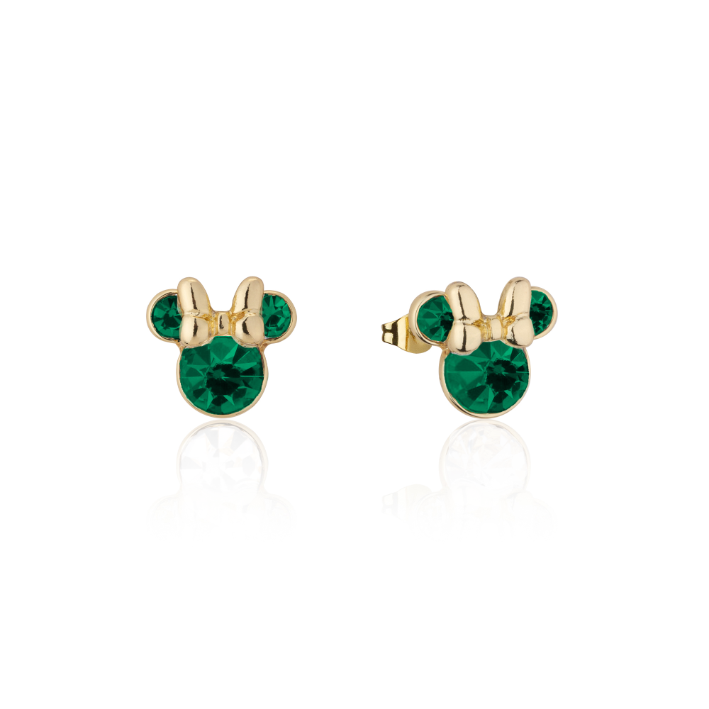 Gold Minnie Mouse earrings with green May Birthstone on a white background by Couture Kingdom