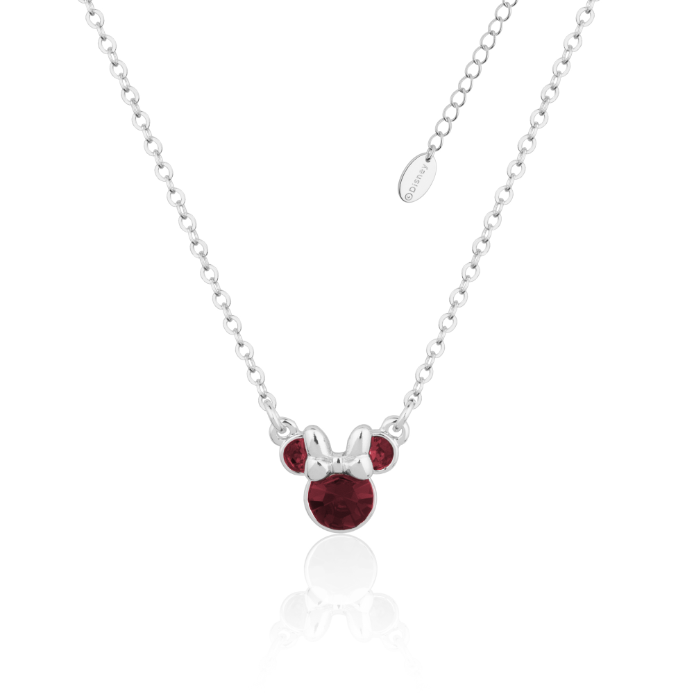 White Gold Minnie Mouse Jan Birthstone crystal necklace on a white background by Couture Kingdom