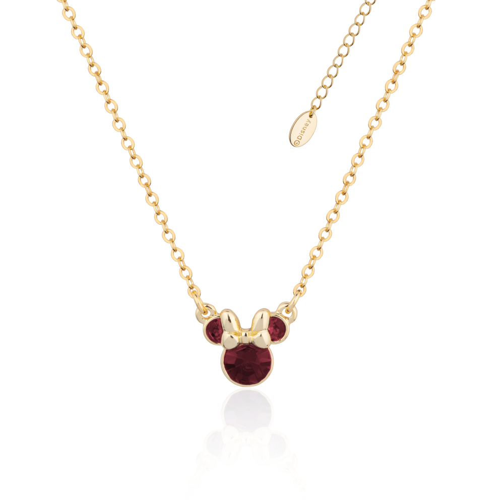 Gold Minnie Mouse Jan Birthstone crystal necklace on a white background by Couture Kingdom