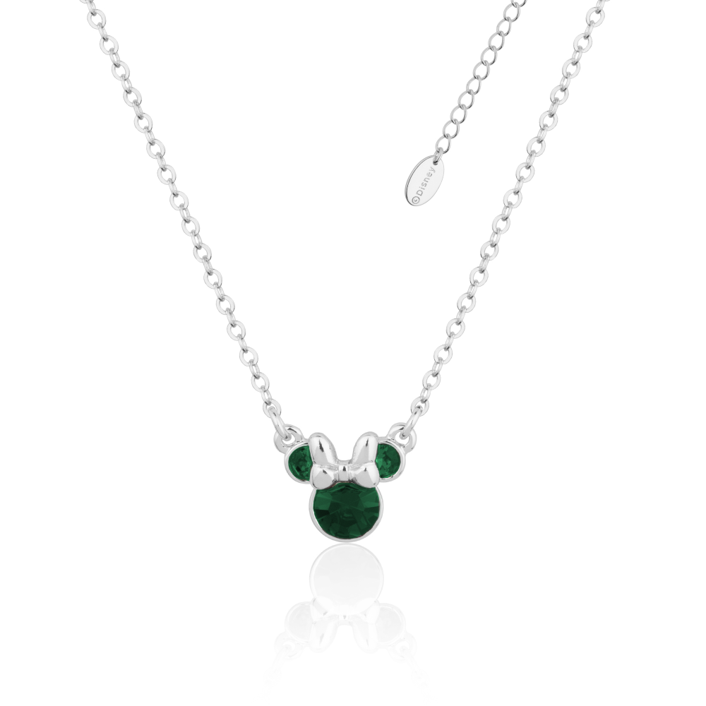 White Gold necklace with a green May Birthstone Minnie Mouse gemstone  pendant on a white background by Couture Kingdom