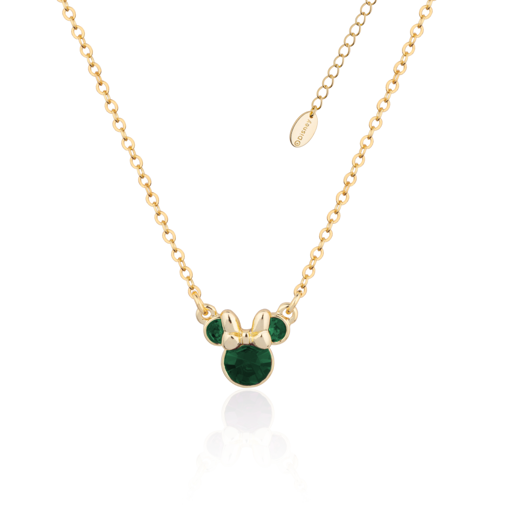 Gold necklace with a green May Birthstone Minnie Mouse gemstone  pendant on a white background by Couture Kingdom