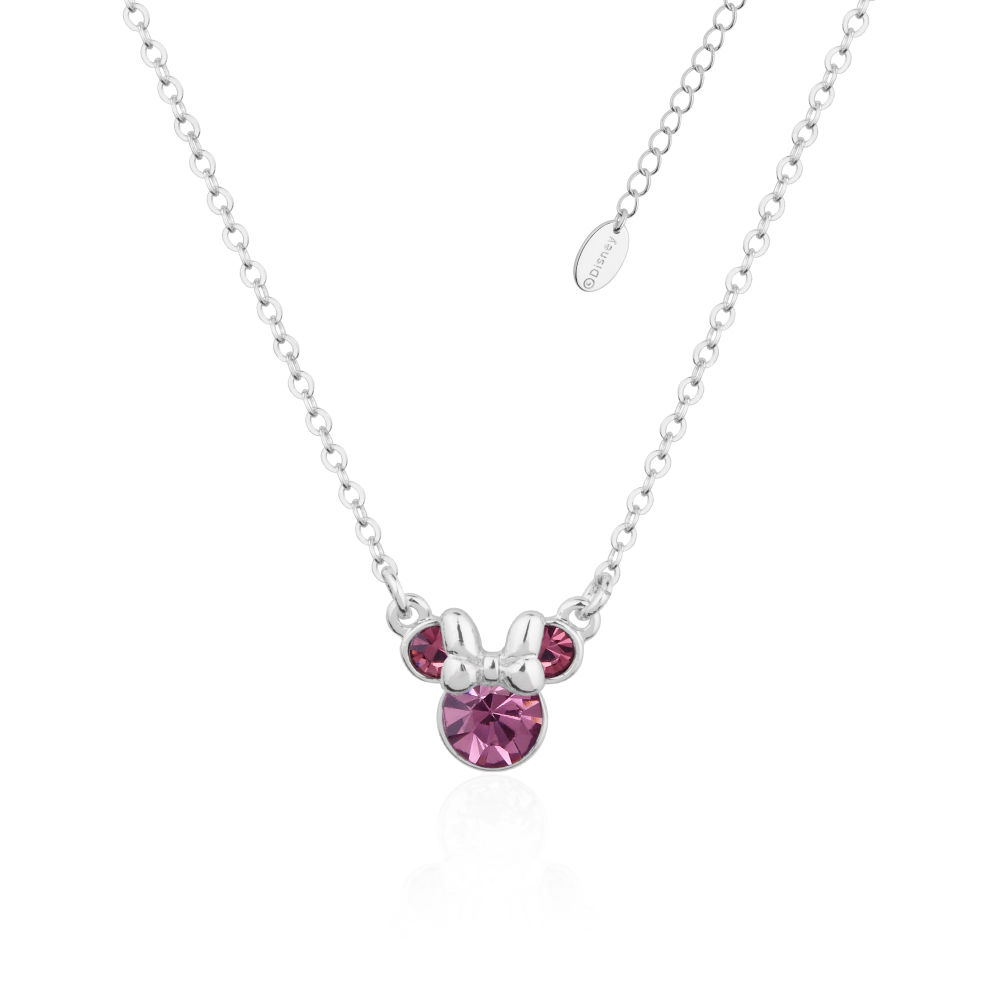 White Gold necklace with a pink gemstone Minnie Mouse June Birthstone pendant on a white background by Couture Kingdom
