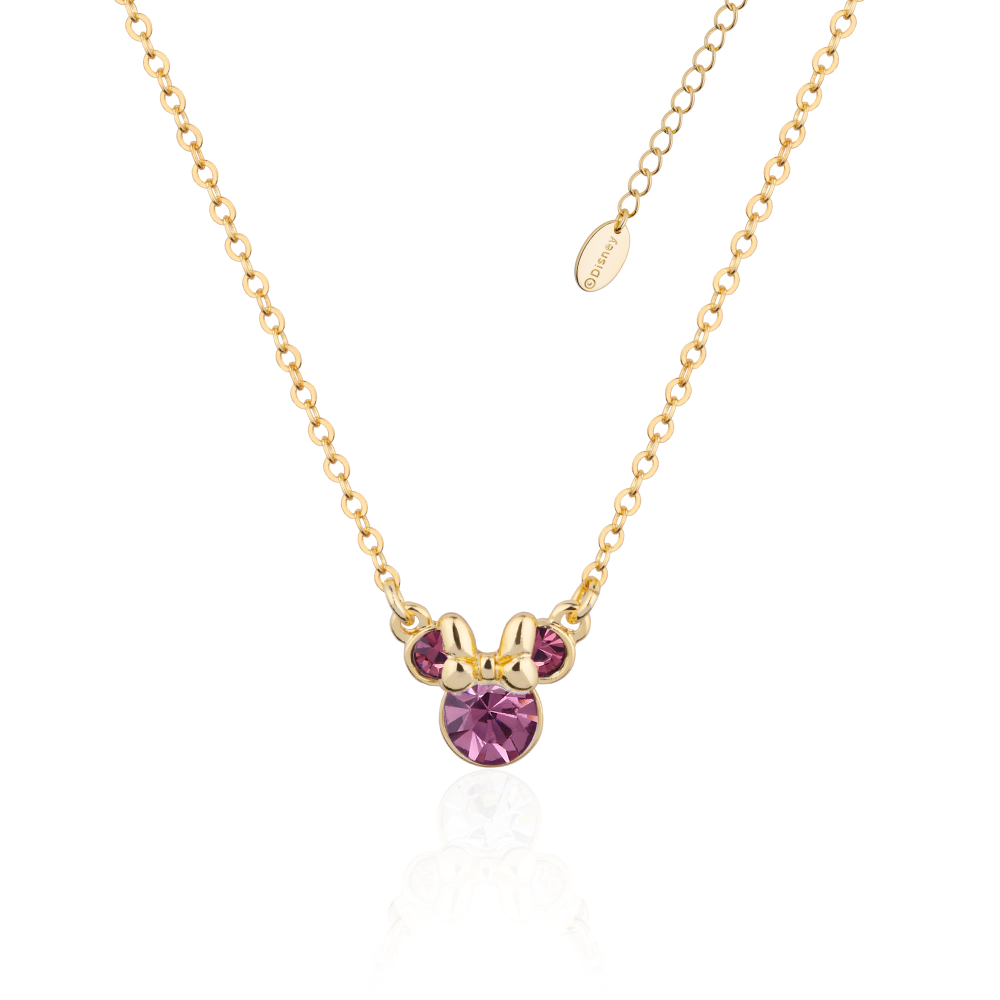Gold necklace with a pink gemstone Minnie Mouse June Birthstone pendant on a white background by Couture Kingdom