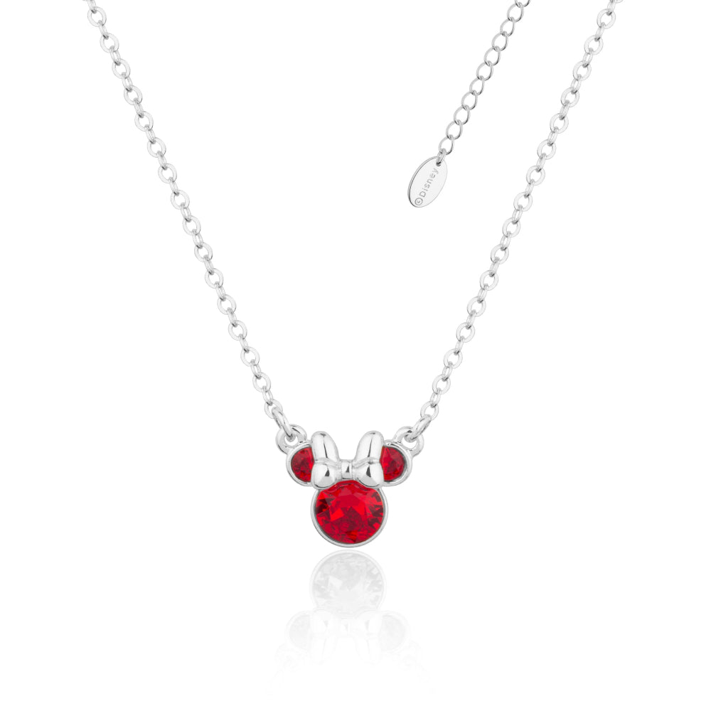White Gold necklace with a Minnie Mouse July birthstone red crystal pendant on a white background by Couture Kingdom