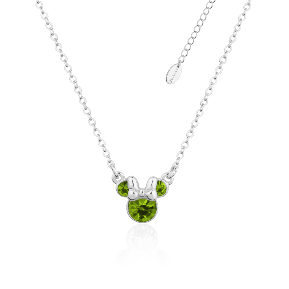 White Gold necklace with a Minnie Mouse August birthstone green crystal pendant on a white background by Couture Kingdom