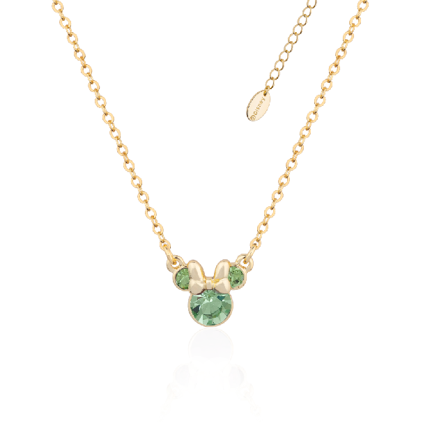 Gold necklace with a Minnie Mouse August birthstone green crystal pendant on a white background by Couture Kingdom