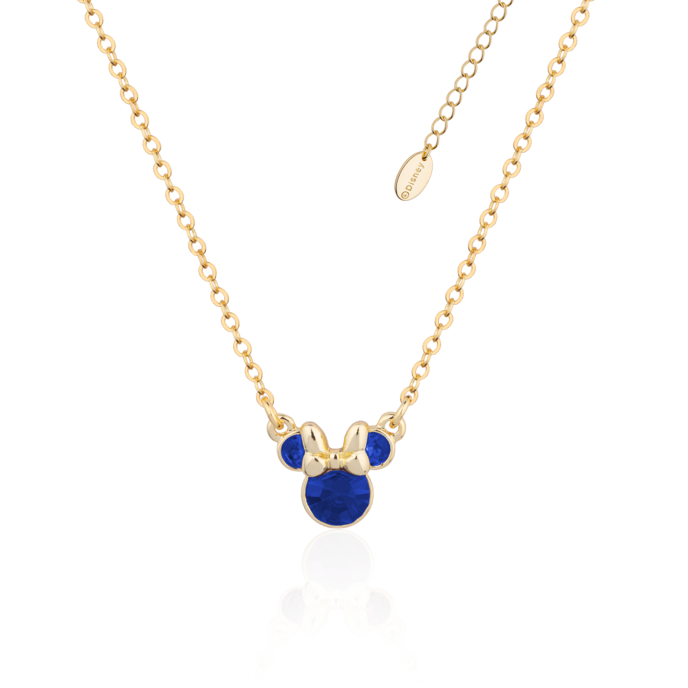 Gold necklace with a Minnie Mouse September birthstone blue crystal pendant on a white background by Couture Kingdom