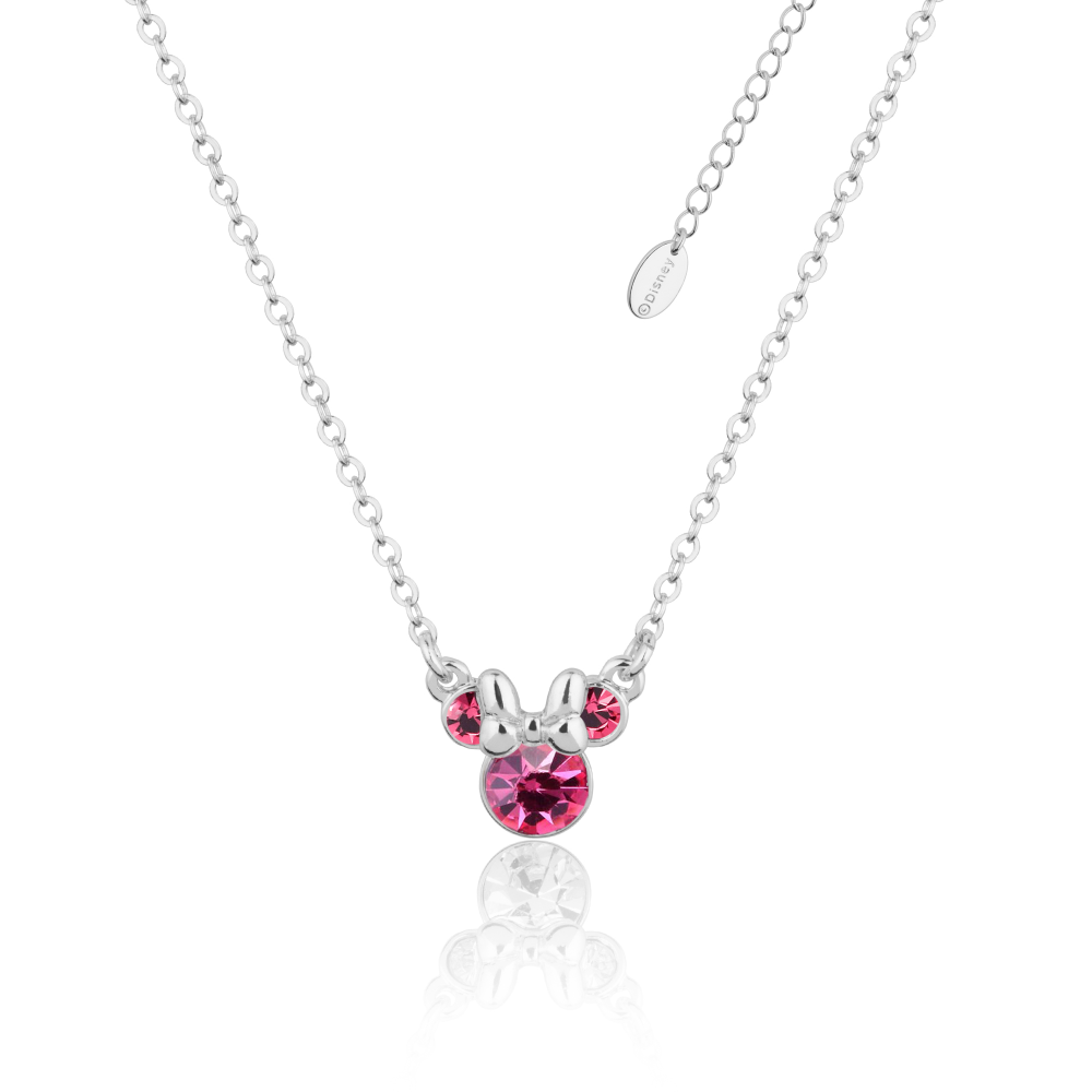 White Gold necklace with a Minnie Mouse October birthstone pink crystal pendant on a white background by Couture Kingdom