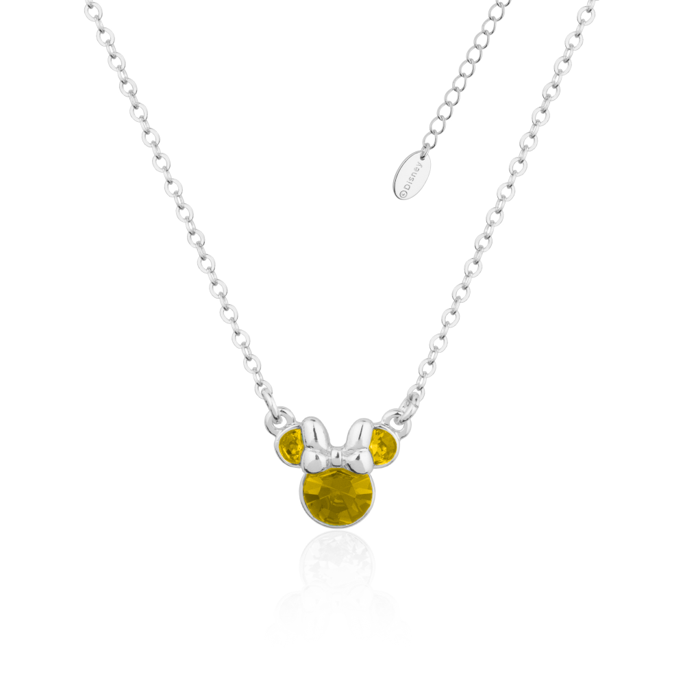 White Gold necklace with a Minnie Mouse November birthstone yellow crystal pendant on a white background by Couture Kingdom