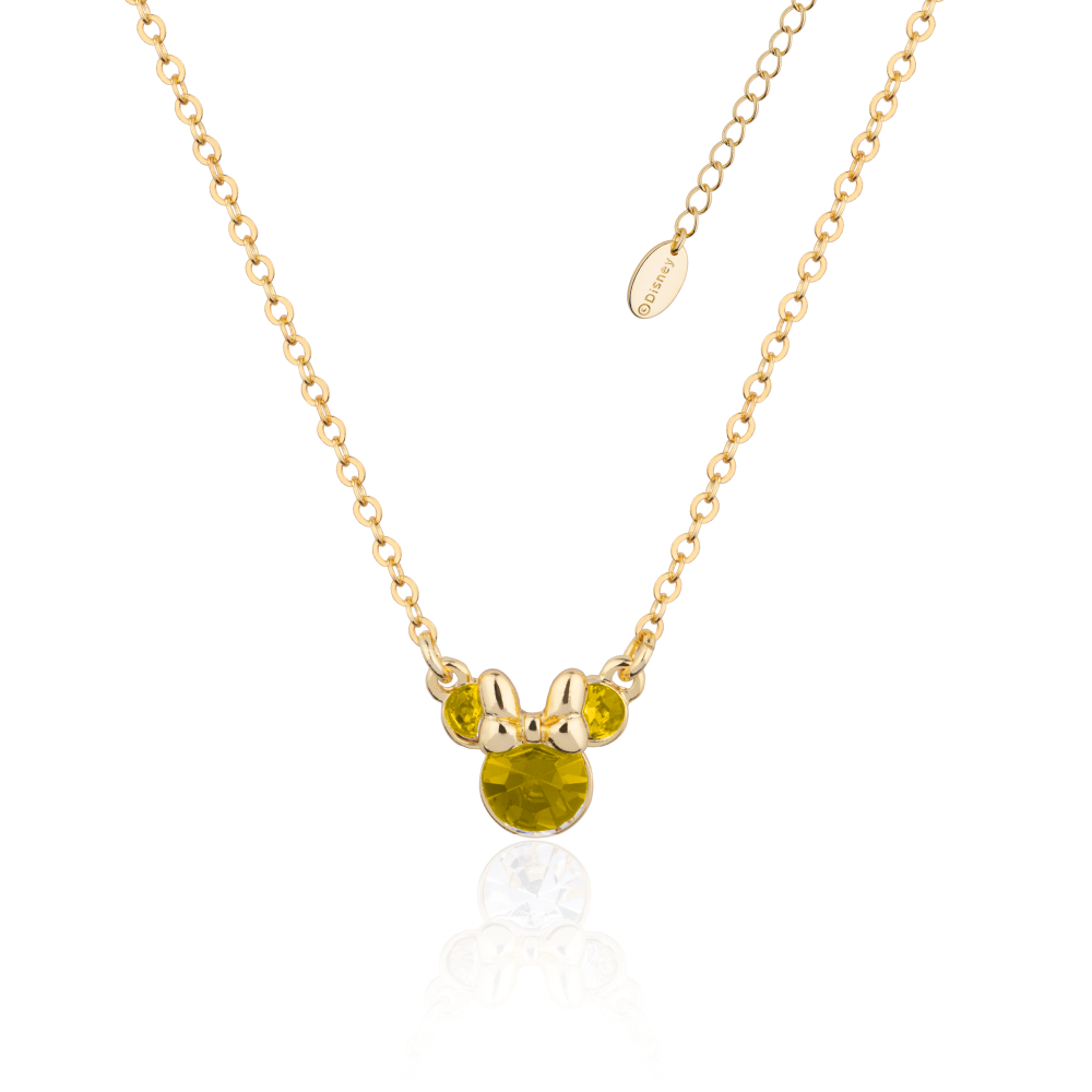 Gold necklace with a Minnie Mouse November birthstone yellow crystal pendant on a white background by Couture Kingdom