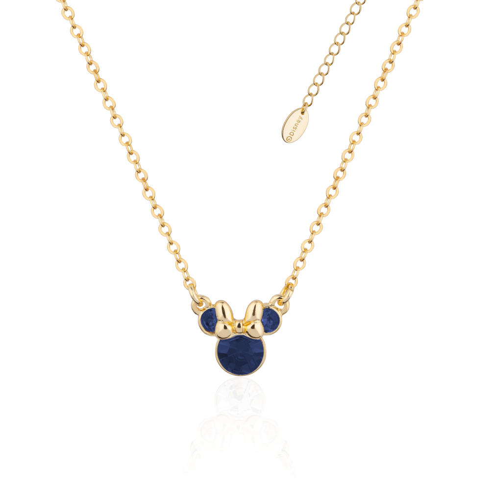 Gold necklace with a Minnie Mouse December birthstone blue violet crystal pendant on a white background by Couture Kingdom