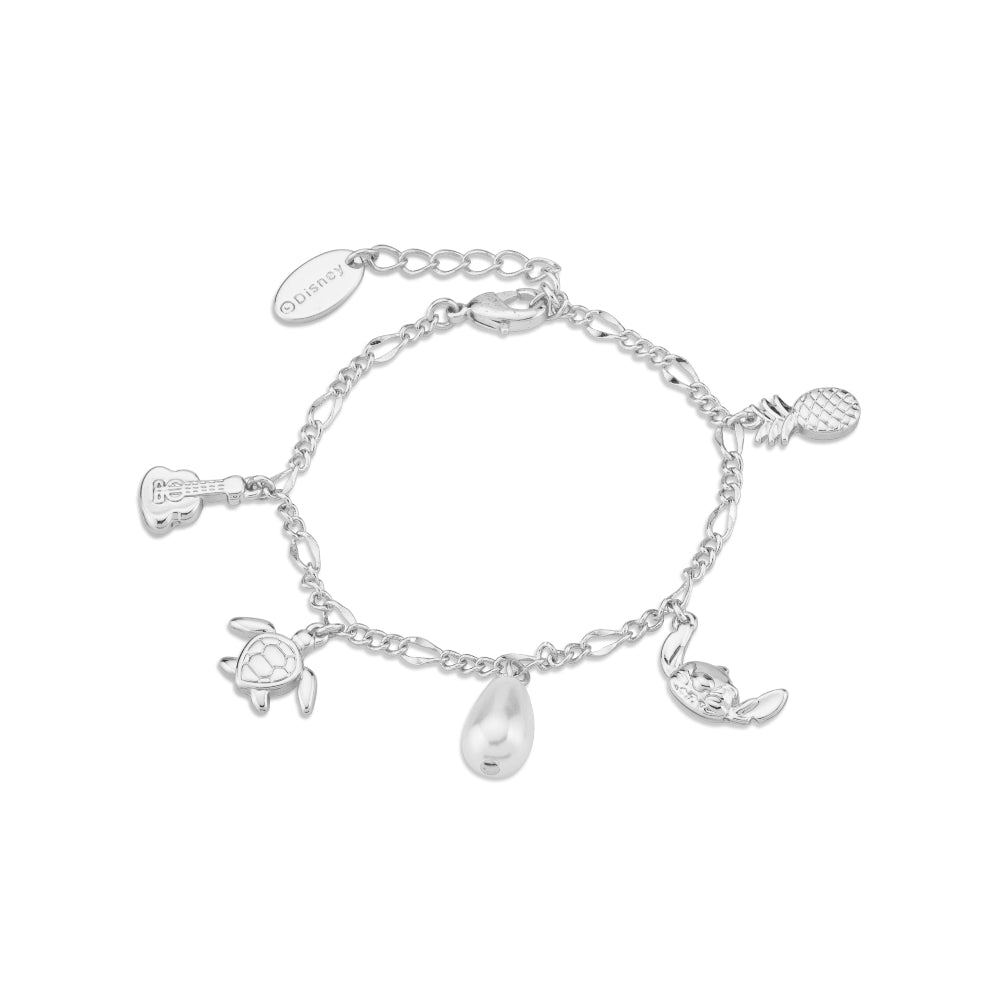 Silver White Gold Disney Stitch bracelet with various charms on a white background by Couture Kingdom