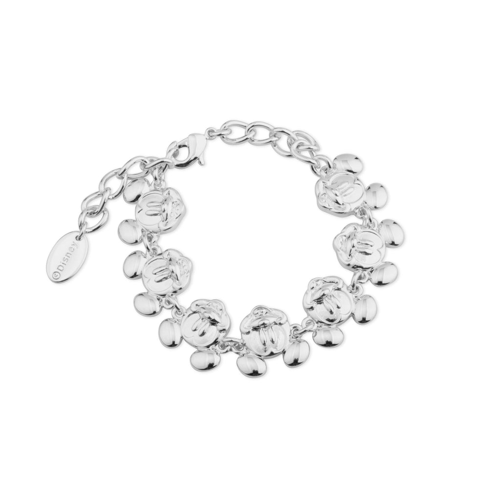 White Gold plated bracelet with multiple Mickey Mouse head charms on a white background by Couture Kingdom